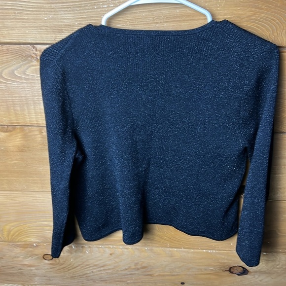 Pointelle Women’s Black Open-Front Sweater L Cardigan silk metallic nylon blend - Picture 7 of 9